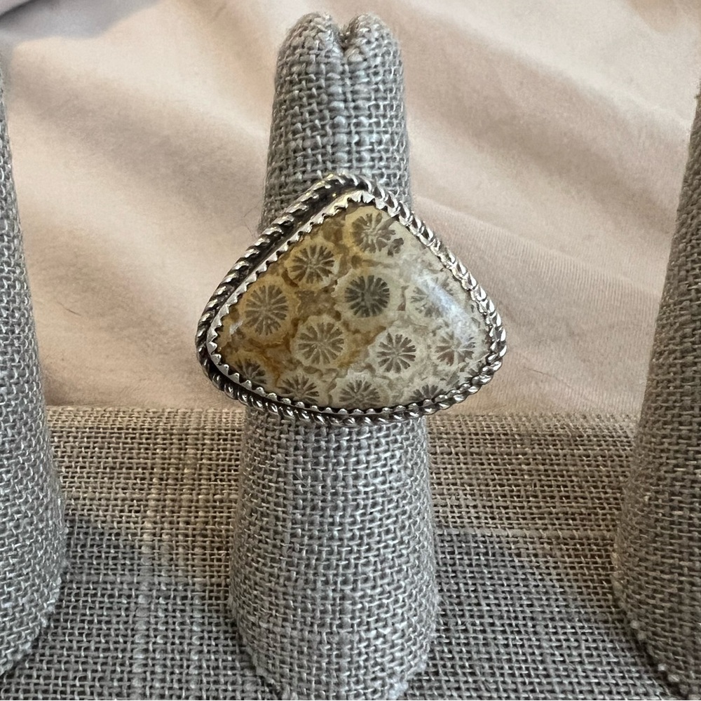 Agatized Coral and Sterling Silver Ring - Size 6